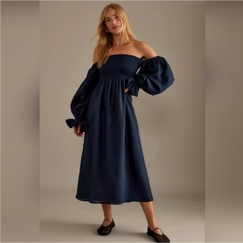 SLEEPER Atlanta Off Shoulder Smocked Long Sleeve Linen Midi Dress in Navy Medium